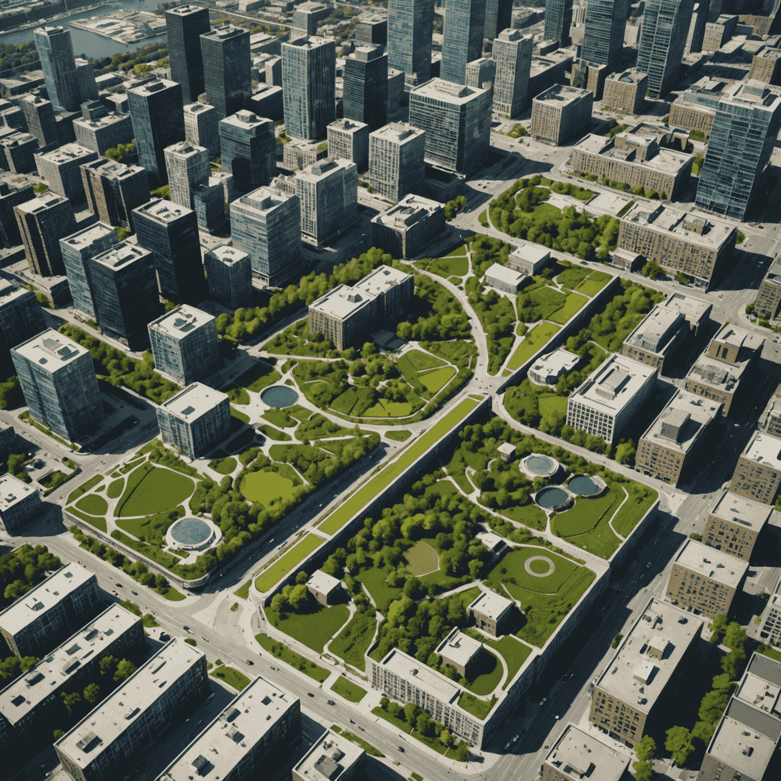 Aerial view of a Canadian city with green infrastructure projects, including urban parks, green roofs, and sustainable transportation systems