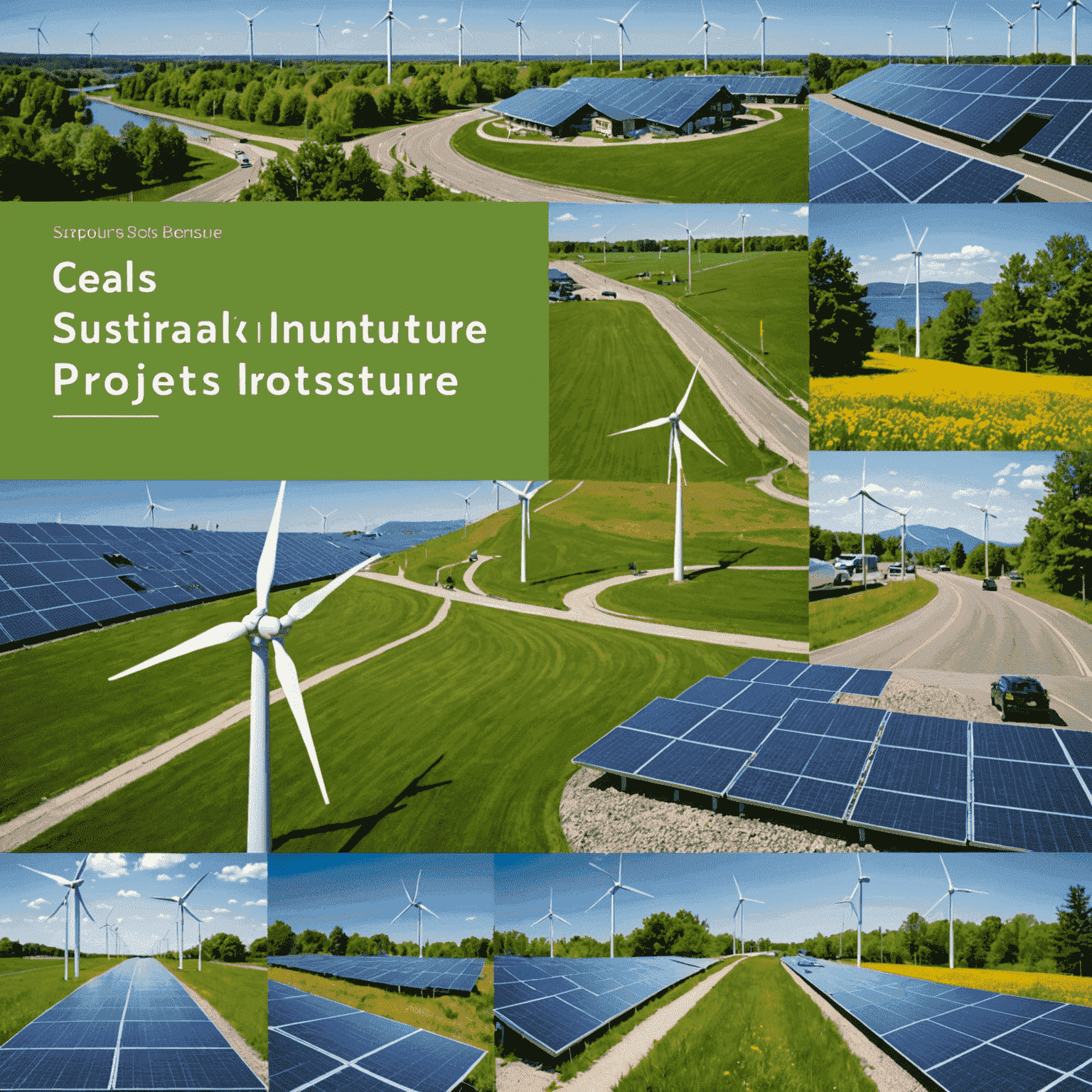 Collage of sustainable infrastructure projects including solar panels, wind turbines, green buildings, and electric vehicle charging stations. The image represents various aspects of green infrastructure investments across Canada.