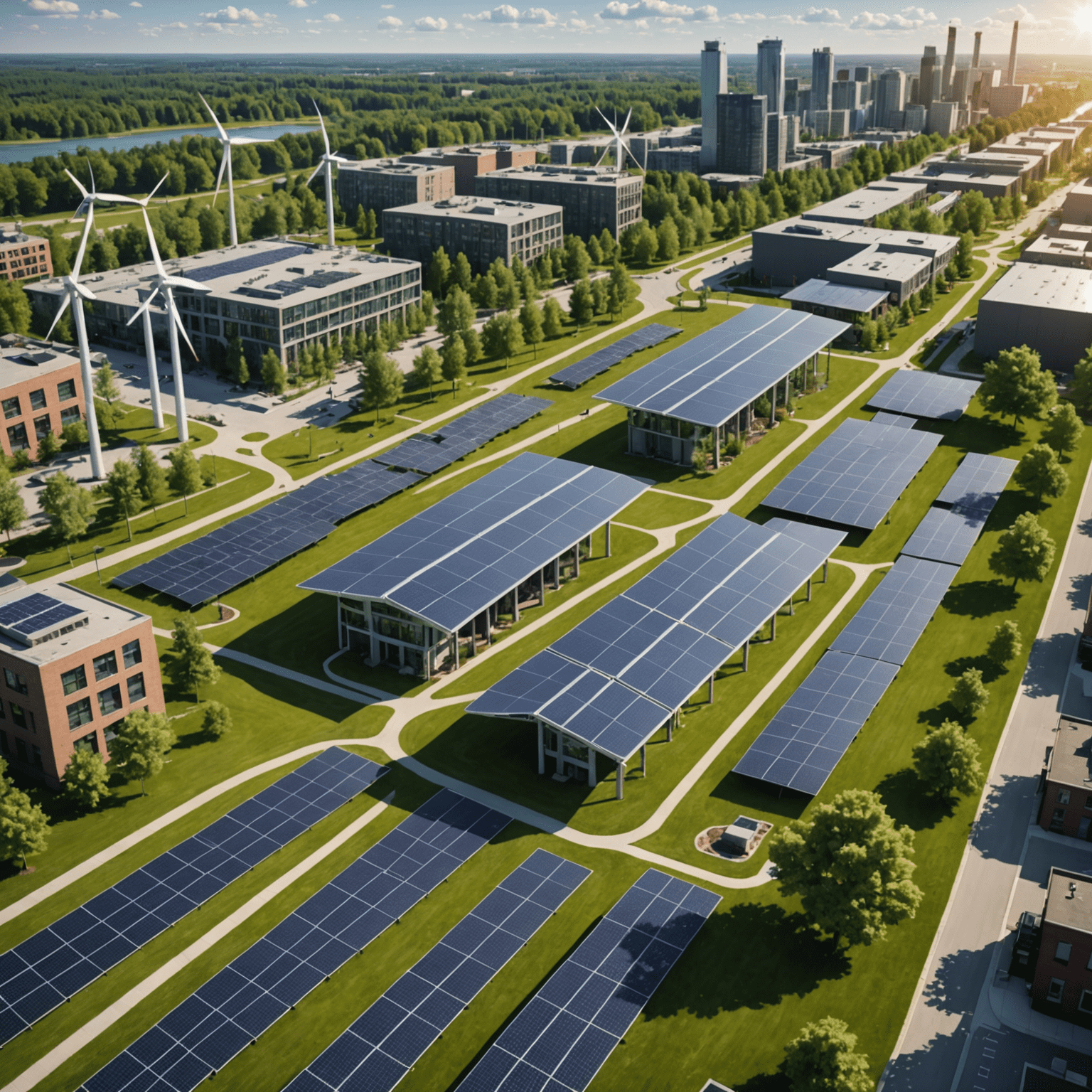 Sustainable infrastructure project featuring solar panels, wind turbines, and green spaces in a Canadian urban setting