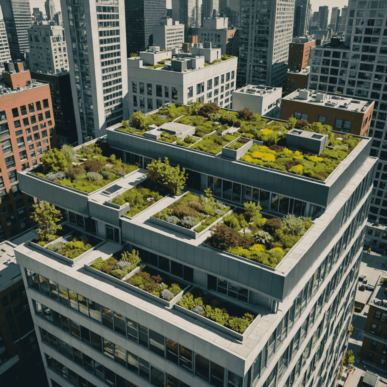 Toronto's Green Roof Bylaw implementation showing multiple buildings with lush rooftop gardens