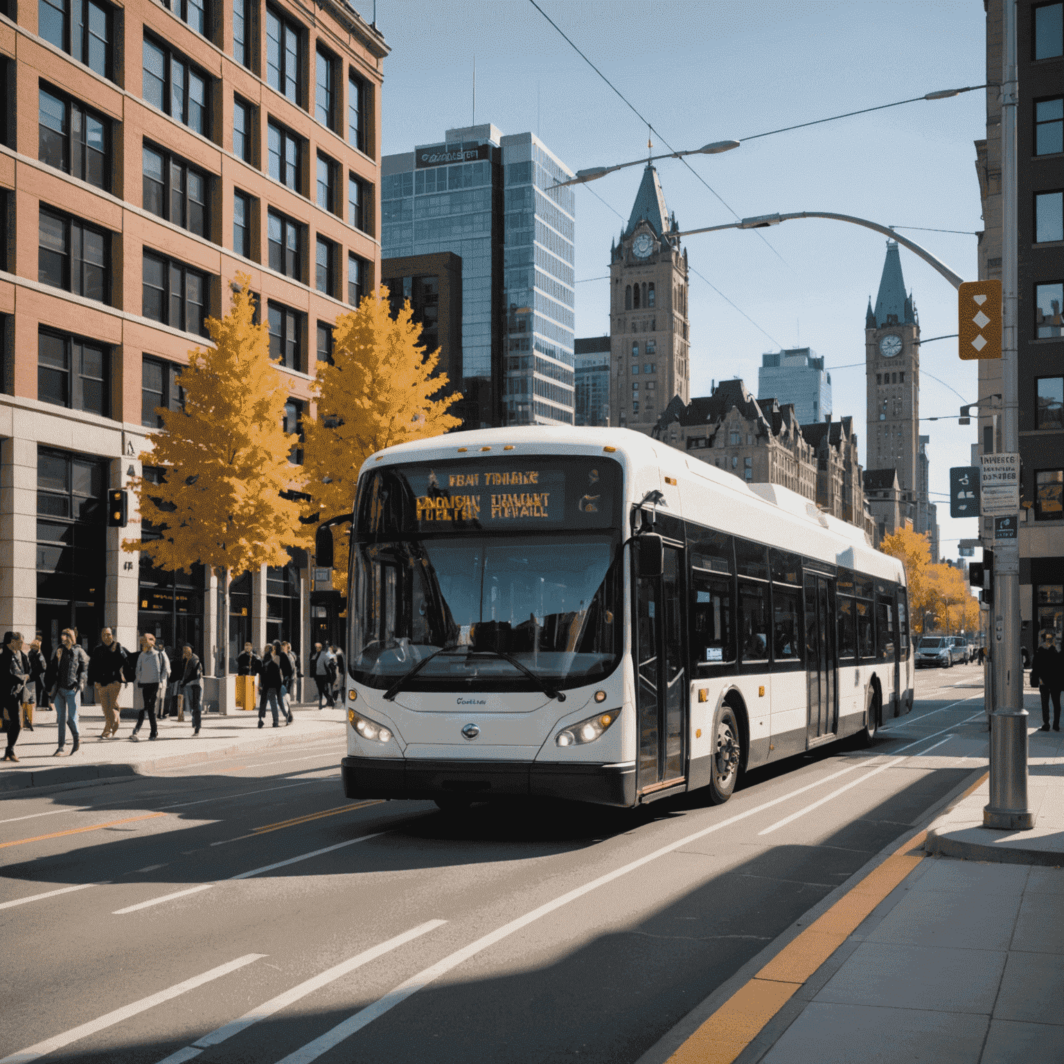 Efficient and modern public transit system in a Canadian city, featuring electric buses and light rail